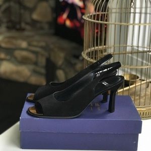 Stuart Weitzman Black Suede Golden Detailed Open Toe Heel Sandals C